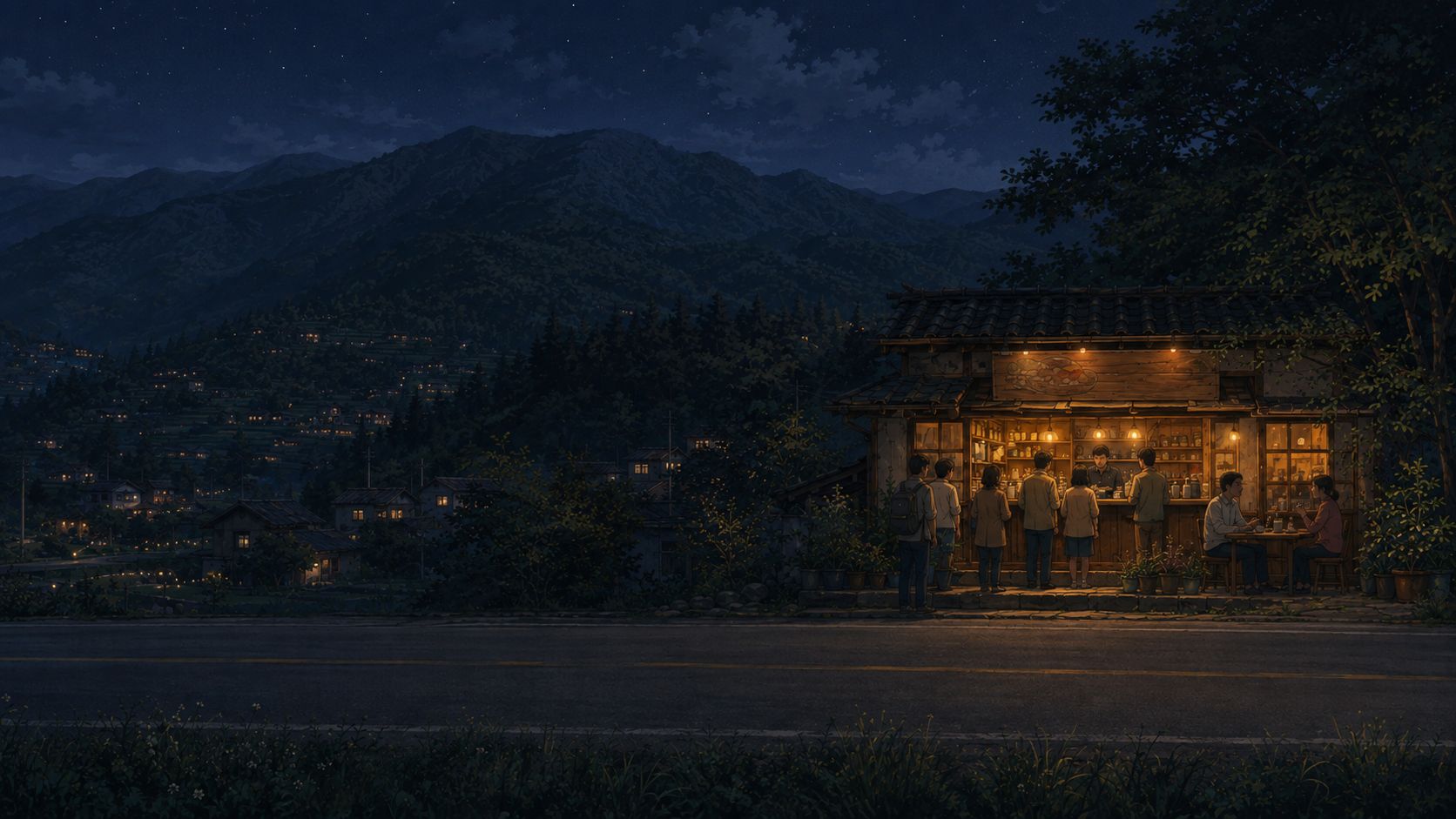 A small independent restaurant glowing beside a mountain road at night